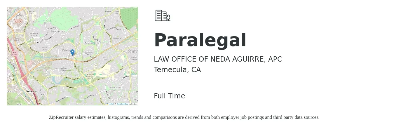 LAW OFFICE OF NEDA AGUIRRE, APC job posting for a Paralegal in Temecula, CA with a salary of $25 to $35 Hourly with a map of Temecula location.