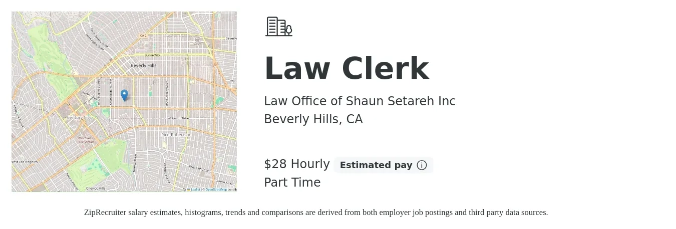 Law Office of Shaun Setareh Inc job posting for a Law Clerk in Beverly Hills, CA with a salary of $30 Hourly with a map of Beverly Hills location.