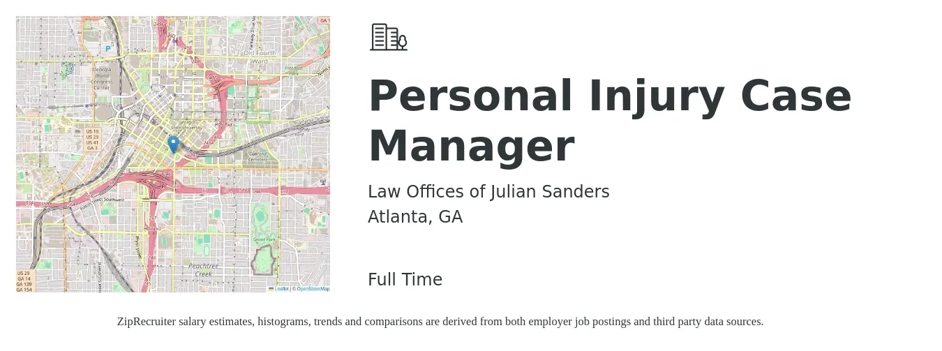 Law Offices of Julian Sanders job posting for a Personal Injury Case Manager in Atlanta, GA with a salary of $19 to $27 Hourly with a map of Atlanta location.