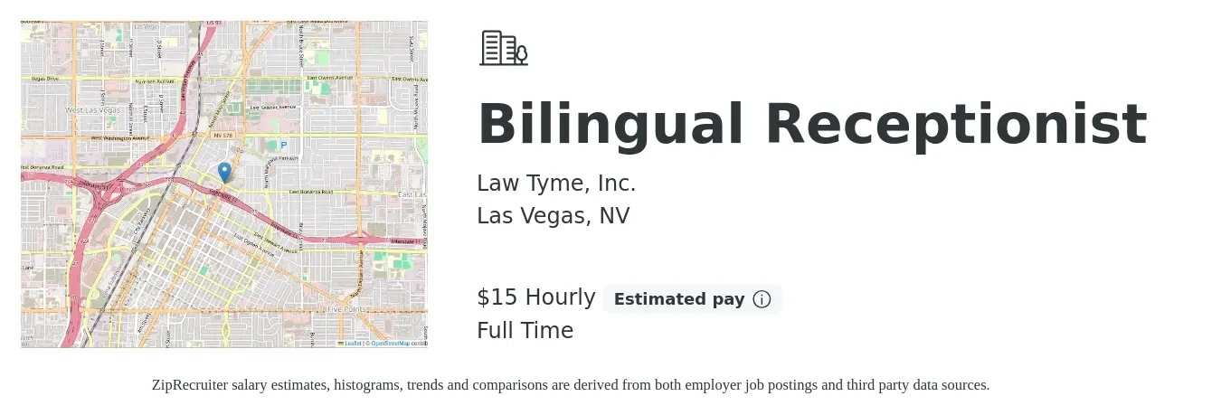 Law Tyme, Inc. job posting for a Bilingual Receptionist in Las Vegas, NV with a salary of $16 Hourly with a map of Las Vegas location.