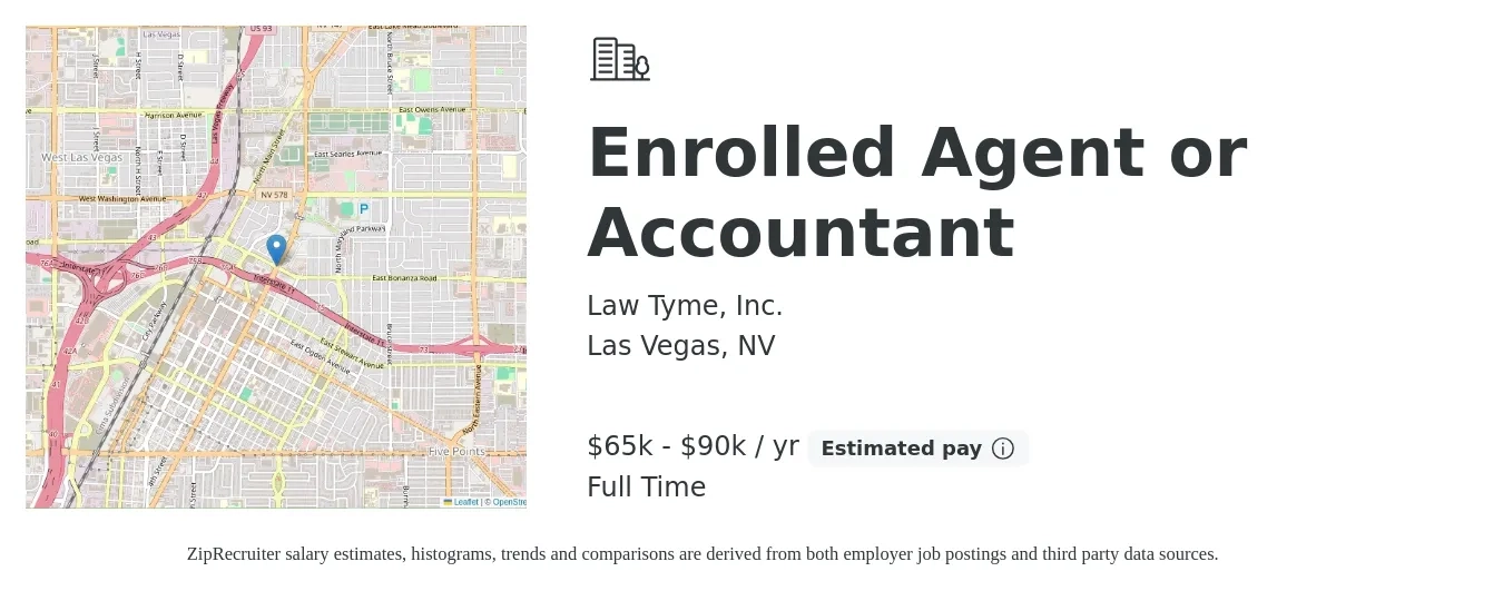 Law Tyme, Inc. job posting for a Enrolled Agent or Accountant in Las Vegas, NV with a salary of $75,000 to $100,000 Yearly with a map of Las Vegas location.