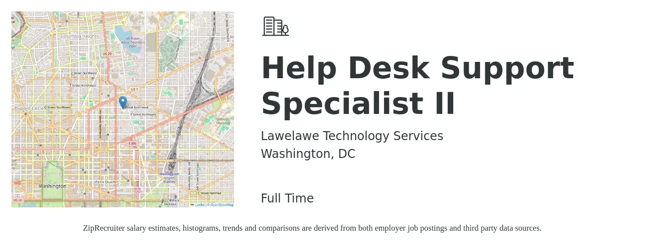 Lawelawe Technology Services job posting for a Help Desk Support Specialist II in Washington, DC with a salary of $24 to $34 Hourly with a map of Washington location.