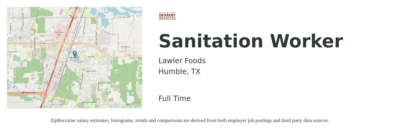 Lawler Foods job posting for a Sanitation Worker in Humble, TX with a salary of $14 to $16 Hourly with a map of Humble location.