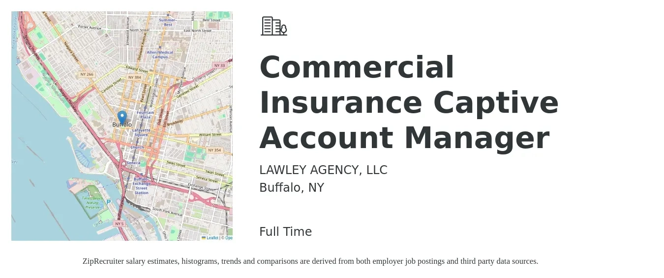 LAWLEY AGENCY, LLC job posting for a Commercial Insurance Captive Account Manager in Buffalo, NY with a salary of $53,800 to $78,000 Yearly with a map of Buffalo location.