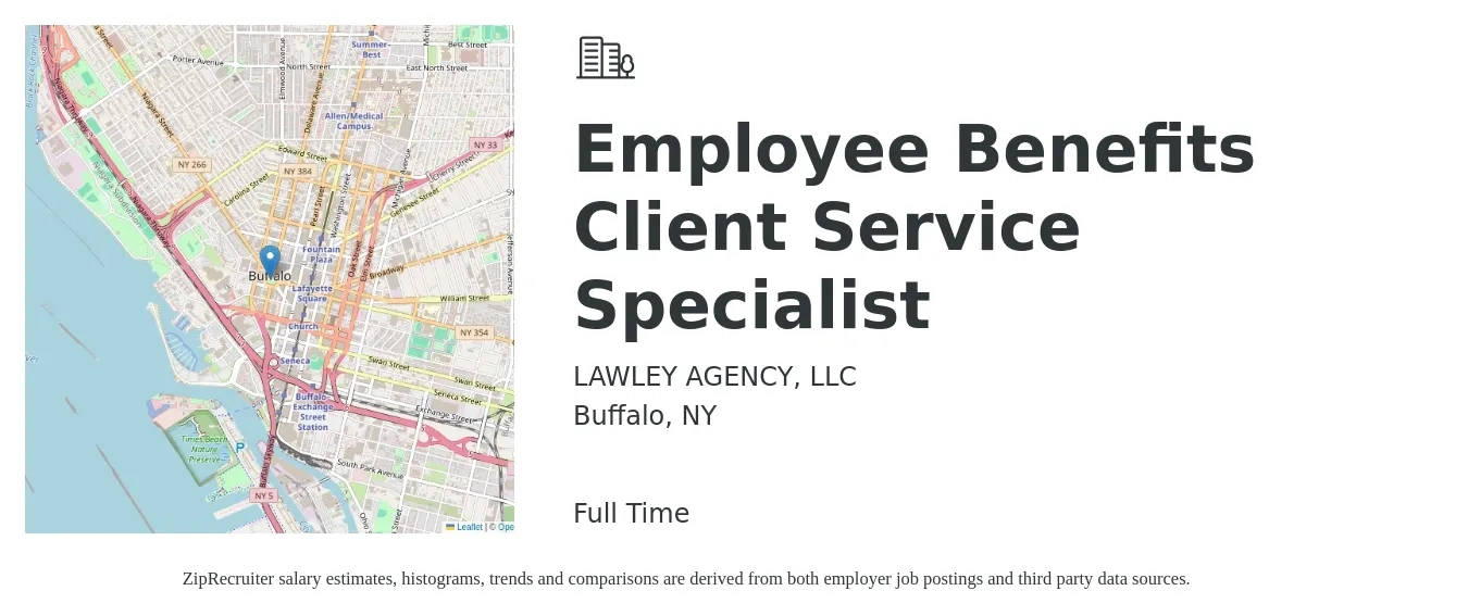 LAWLEY AGENCY, LLC job posting for a Employee Benefits Client Service Specialist in Buffalo, NY with a salary of $16 to $22 Hourly with a map of Buffalo location.