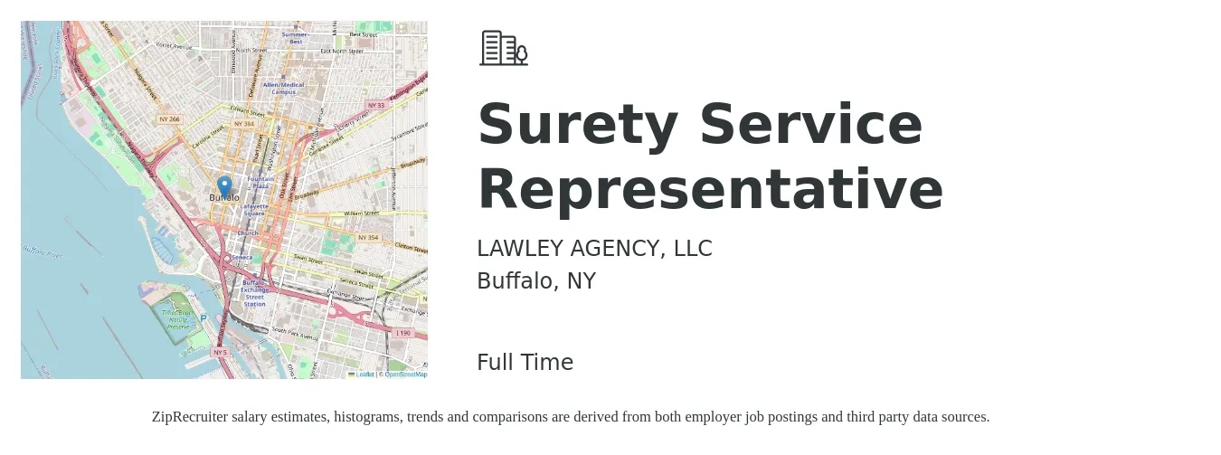 LAWLEY AGENCY, LLC job posting for a Surety Service Representative in Buffalo, NY with a salary of $16 to $21 Hourly with a map of Buffalo location.