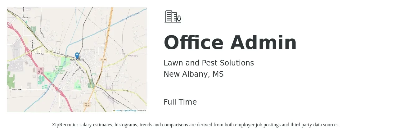 Lawn and Pest Solutions job posting for a Office Admin in New Albany, MS with a salary of $14 to $20 Hourly with a map of New Albany location.