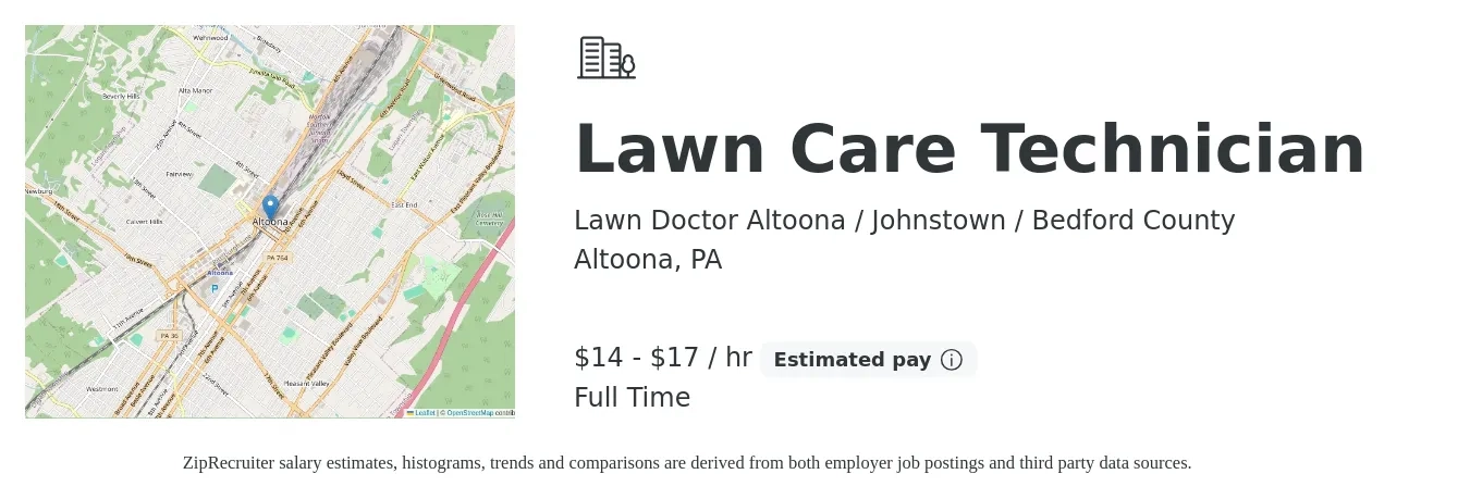 Lawn Doctor Altoona / Johnstown / Bedford County job posting for a Lawn Care Technician in Altoona, PA with a salary of $15 to $18 Hourly with a map of Altoona location.