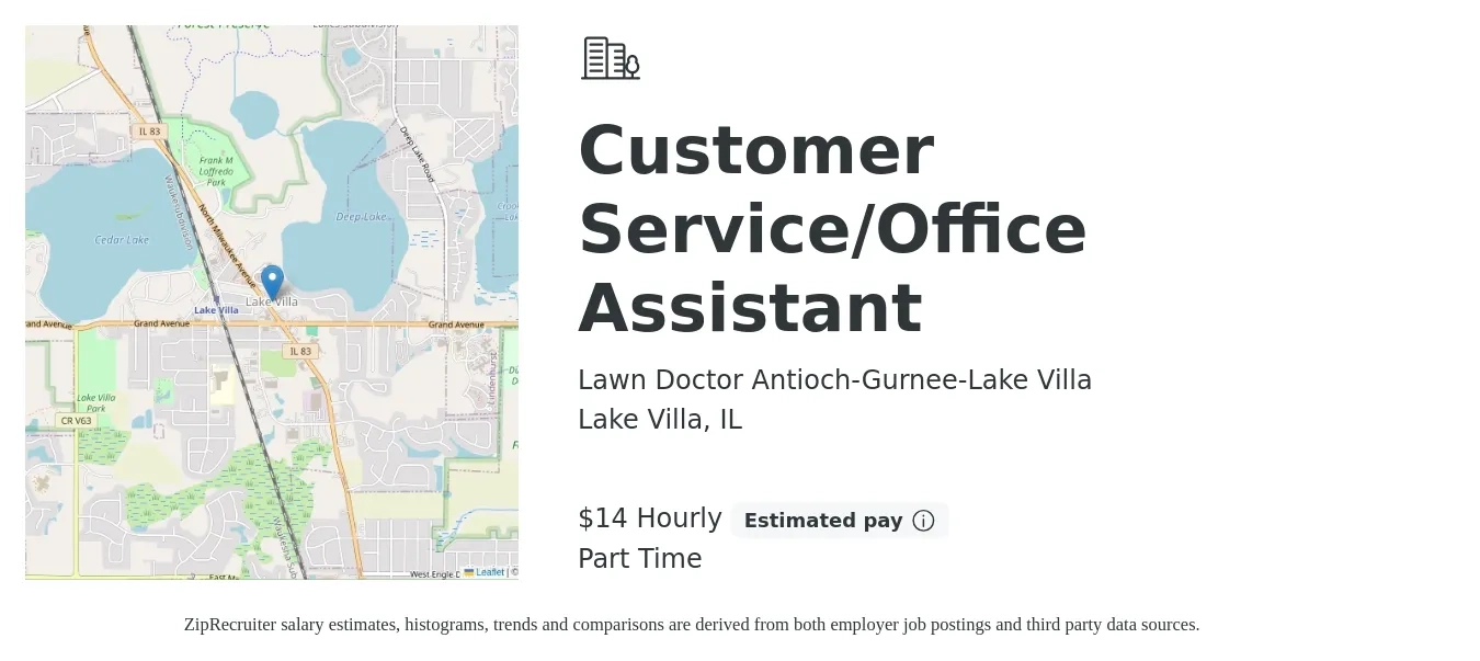 Lawn Doctor Antioch-Gurnee-Lake Villa job posting for a Customer Service/Office Assistant in Lake Villa, IL with a salary of $15 Hourly with a map of Lake Villa location.