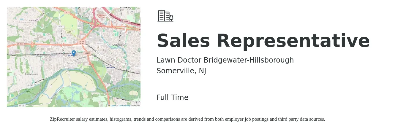 Lawn Doctor Bridgewater-Hillsborough job posting for a Sales Representative in Somerville, NJ with a salary of $50,000 to $70,000 Yearly with a map of Somerville location.