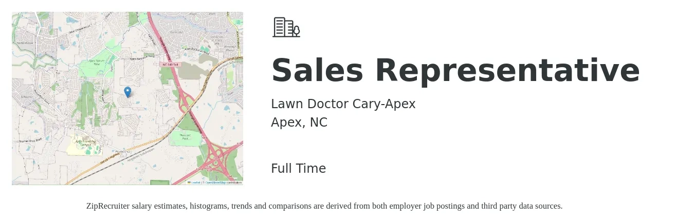 Lawn Doctor Cary-Apex job posting for a Sales Representative in Apex, NC with a salary of $41,000 to $71,200 Yearly with a map of Apex location.