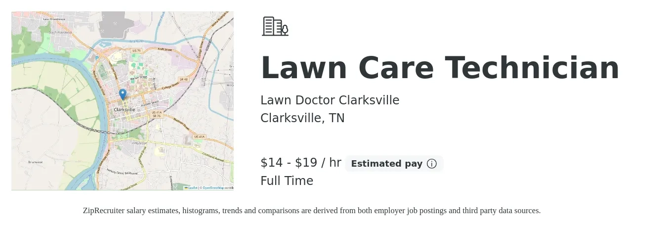 Lawn Doctor Clarksville job posting for a Lawn Care Technician in Clarksville, TN with a salary of $15 to $20 Hourly with a map of Clarksville location.
