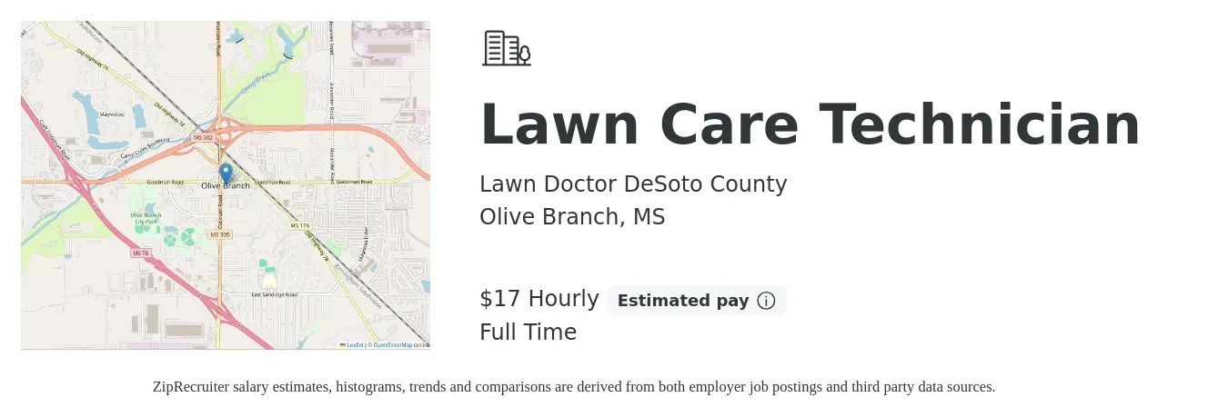 Lawn Doctor DeSoto County job posting for a Lawn Care Technician in Olive Branch, MS with a salary of $18 Hourly with a map of Olive Branch location.