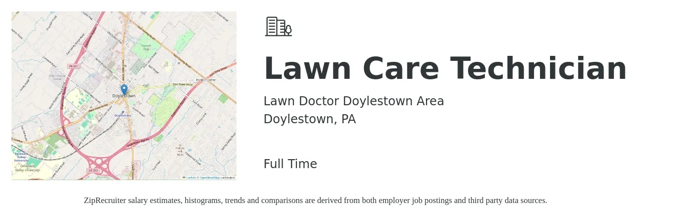 Lawn Doctor Doylestown Area job posting for a Lawn Care Technician in Doylestown, PA with a salary of $17 to $22 Hourly with a map of Doylestown location.