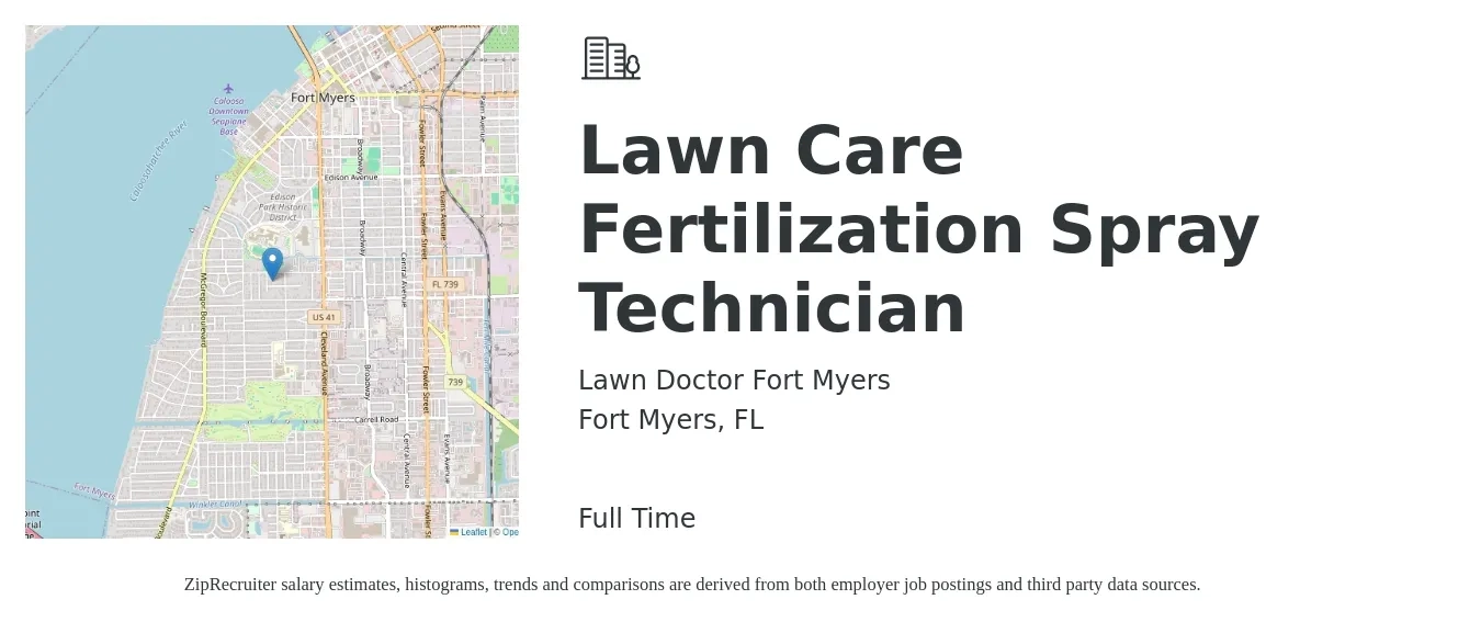 Lawn Doctor Fort Myers job posting for a Lawn Care Fertilization Spray Technician in Fort Myers, FL with a salary of $16 to $20 Hourly with a map of Fort Myers location.