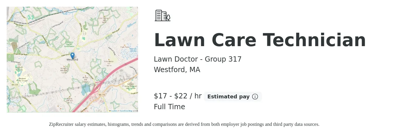 Lawn Doctor - Group 317 job posting for a Lawn Care Technician in Westford, MA with a salary of $18 to $23 Hourly with a map of Westford location.