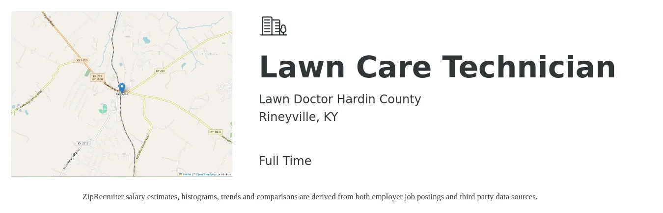 Lawn Doctor Hardin County job posting for a Lawn Care Technician in Rineyville, KY with a salary of $14 to $18 Hourly with a map of Rineyville location.