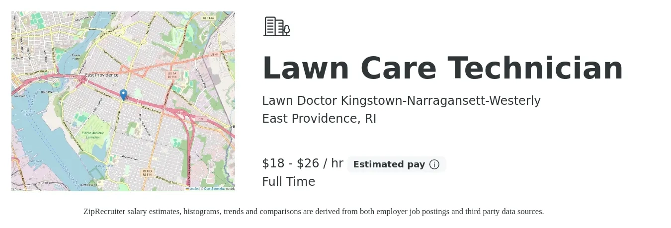 Lawn Doctor Kingstown-Narragansett-Westerly job posting for a Lawn Care Technician in East Providence, RI with a salary of $19 to $28 Hourly with a map of East Providence location.