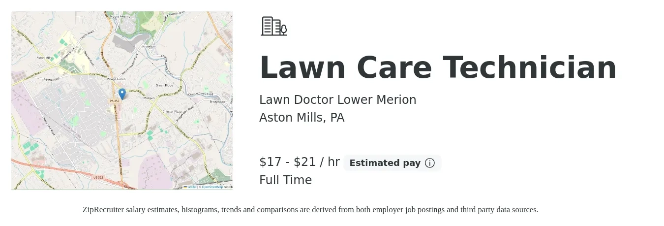 Lawn Doctor Lower Merion job posting for a Lawn Care Technician in Aston Mills, PA with a salary of $18 to $22 Hourly with a map of Aston Mills location.