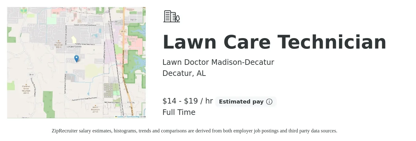 Lawn Doctor Madison-Decatur job posting for a Lawn Care Technician in Decatur, AL with a salary of $15 to $20 Hourly with a map of Decatur location.