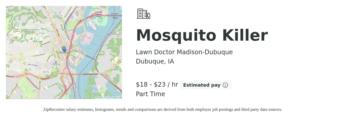 Lawn Doctor Madison-Dubuque job posting for a Mosquito Killer in Dubuque, IA with a salary of $19 to $24 Hourly with a map of Dubuque location.