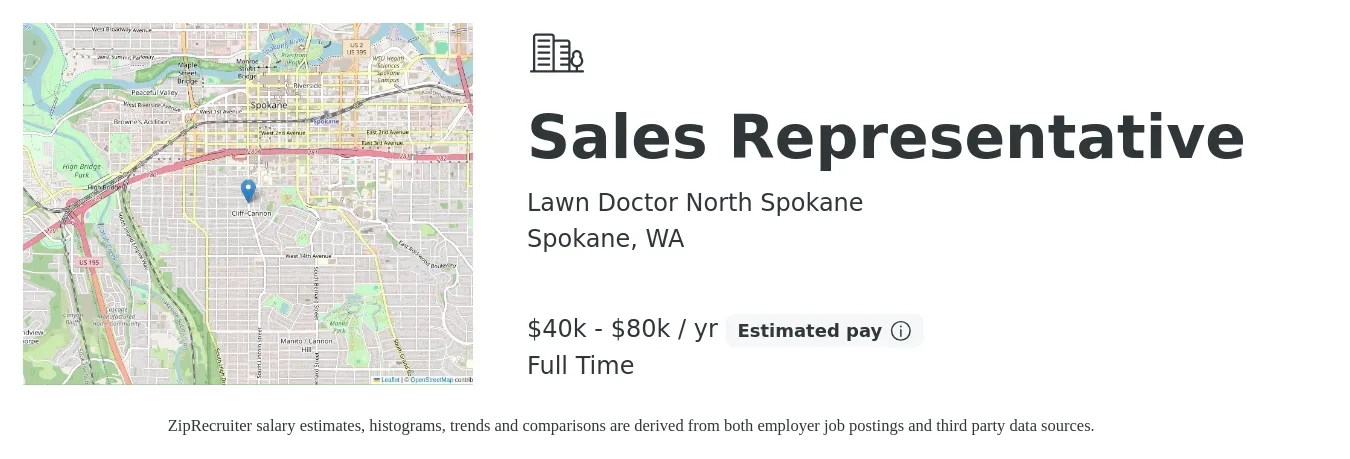 Lawn Doctor North Spokane job posting for a Sales Representative in Spokane, WA with a salary of $40,000 to $80,000 Yearly with a map of Spokane location.