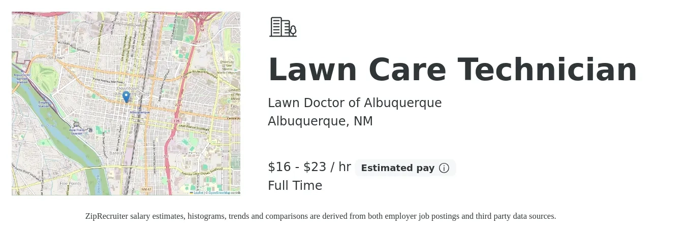 Lawn Doctor of Albuquerque job posting for a Lawn Care Technician in Albuquerque, NM with a salary of $17 to $24 Hourly with a map of Albuquerque location.