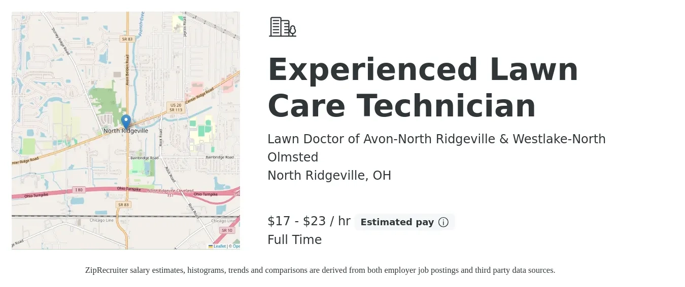 Lawn Doctor of Avon-North Ridgeville & Westlake-North Olmsted job posting for a Experienced Lawn Care Technician in North Ridgeville, OH with a salary of $18 to $24 Hourly with a map of North Ridgeville location.