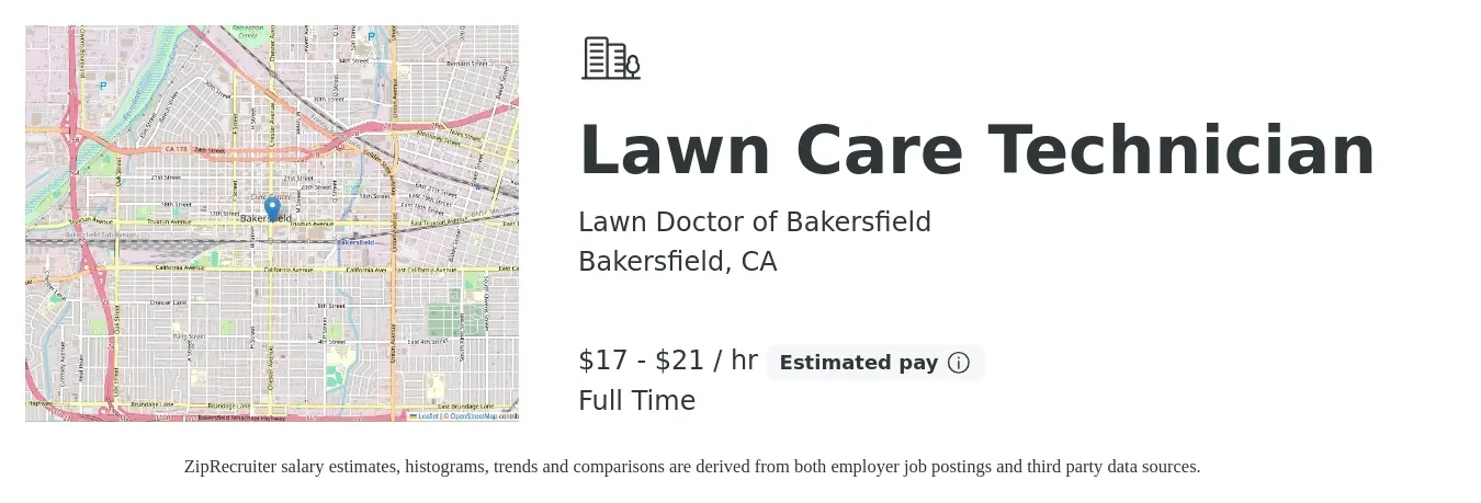 Lawn Doctor of Bakersfield job posting for a Lawn Care Technician in Bakersfield, CA with a salary of $18 to $22 Hourly with a map of Bakersfield location.
