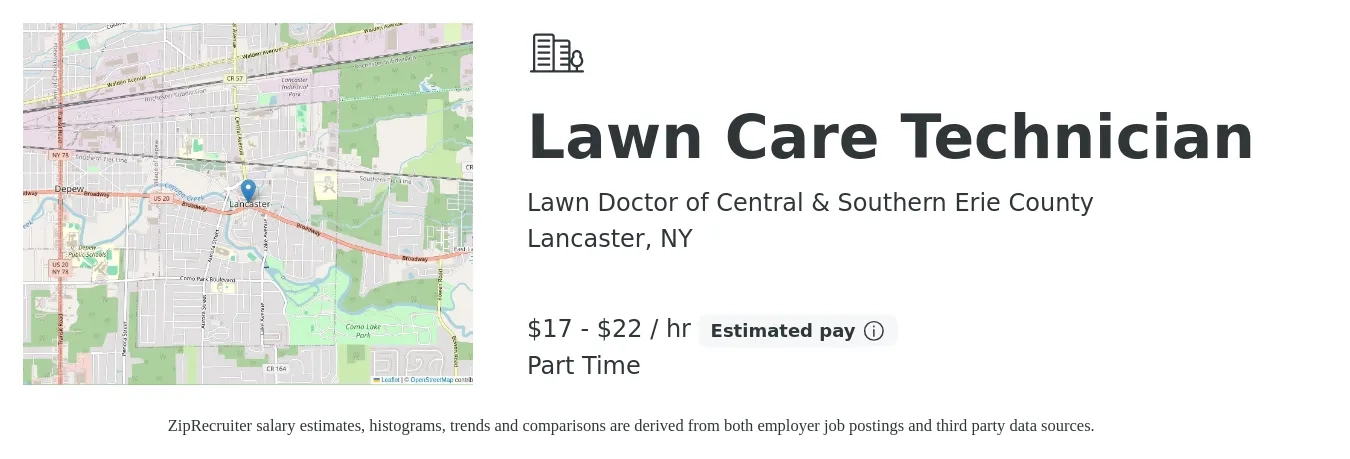 Lawn Doctor of Central & Southern Erie County job posting for a Lawn Care Technician in Lancaster, NY with a salary of $18 to $23 Hourly with a map of Lancaster location.