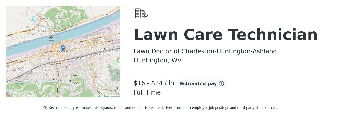 Lawn Doctor of Charleston-Huntington-Ashland job posting for a Lawn Care Technician in Huntington, WV with a salary of $17 to $25 Hourly with a map of Huntington location.