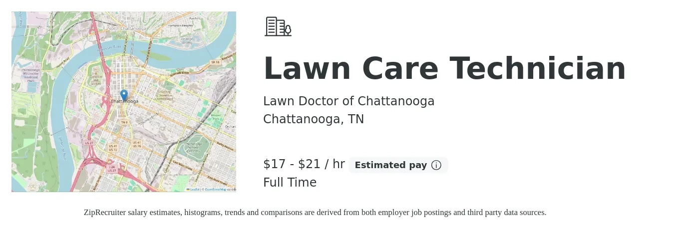 Lawn Doctor of Chattanooga job posting for a Lawn Care Technician in Chattanooga, TN with a salary of $18 to $22 Hourly with a map of Chattanooga location.