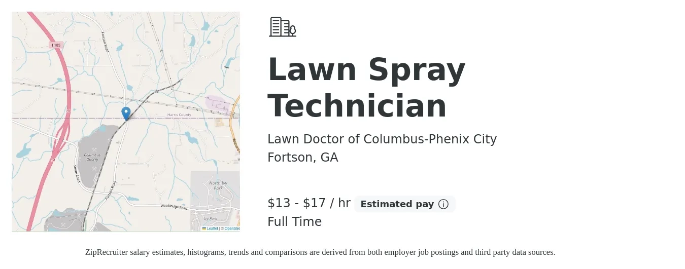 Lawn Doctor of Columbus-Phenix City job posting for a Lawn Spray Technician in Fortson, GA with a salary of $14 to $18 Hourly with a map of Fortson location.