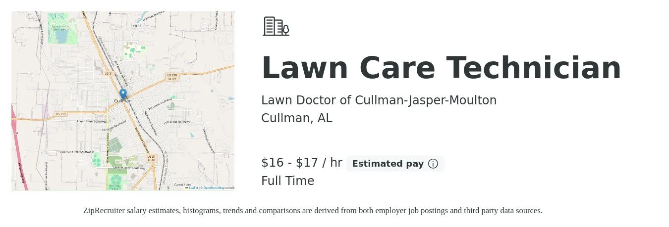 Lawn Doctor of Cullman-Jasper-Moulton job posting for a Lawn Care Technician in Cullman, AL with a salary of $17 to $18 Hourly with a map of Cullman location.