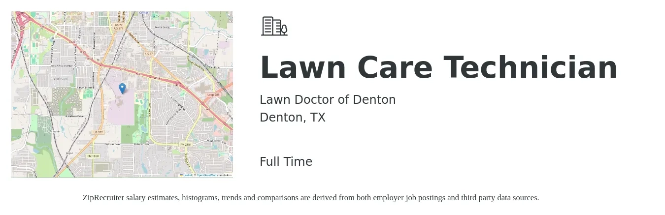 Lawn Doctor of Denton job posting for a Lawn Care Technician in Denton, TX with a salary of $16 to $21 Hourly with a map of Denton location.