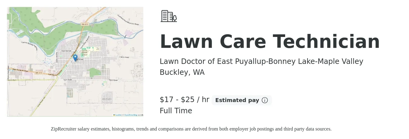 Lawn Doctor of East Puyallup-Bonney Lake-Maple Valley job posting for a Lawn Care Technician in Buckley, WA with a salary of $18 to $26 Hourly with a map of Buckley location.