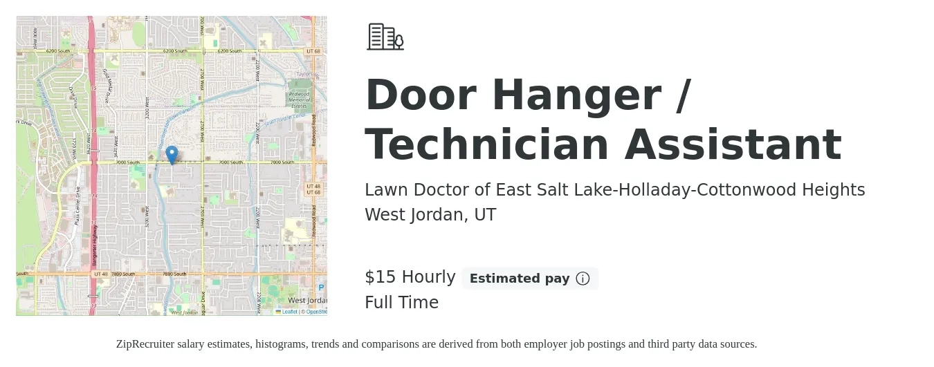 Lawn Doctor of East Salt Lake-Holladay-Cottonwood Heights job posting for a Door Hanger / Technician Assistant in West Jordan, UT with a salary of $16 Hourly with a map of West Jordan location.