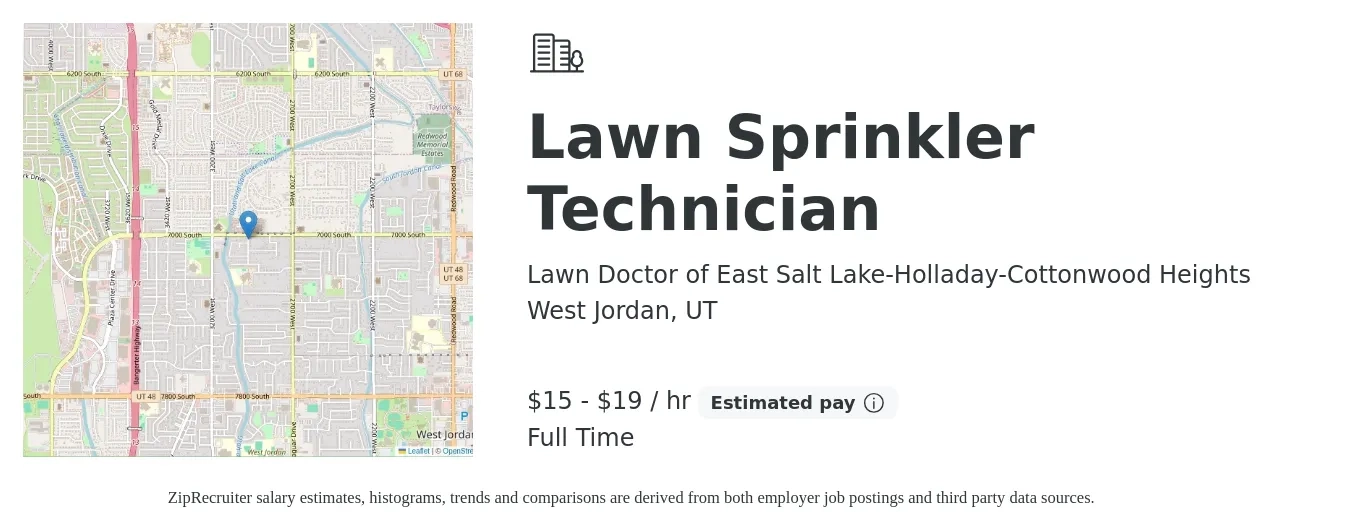 Lawn Doctor of East Salt Lake-Holladay-Cottonwood Heights job posting for a Lawn Sprinkler Technician in West Jordan, UT with a salary of $16 to $25 Hourly with a map of West Jordan location.