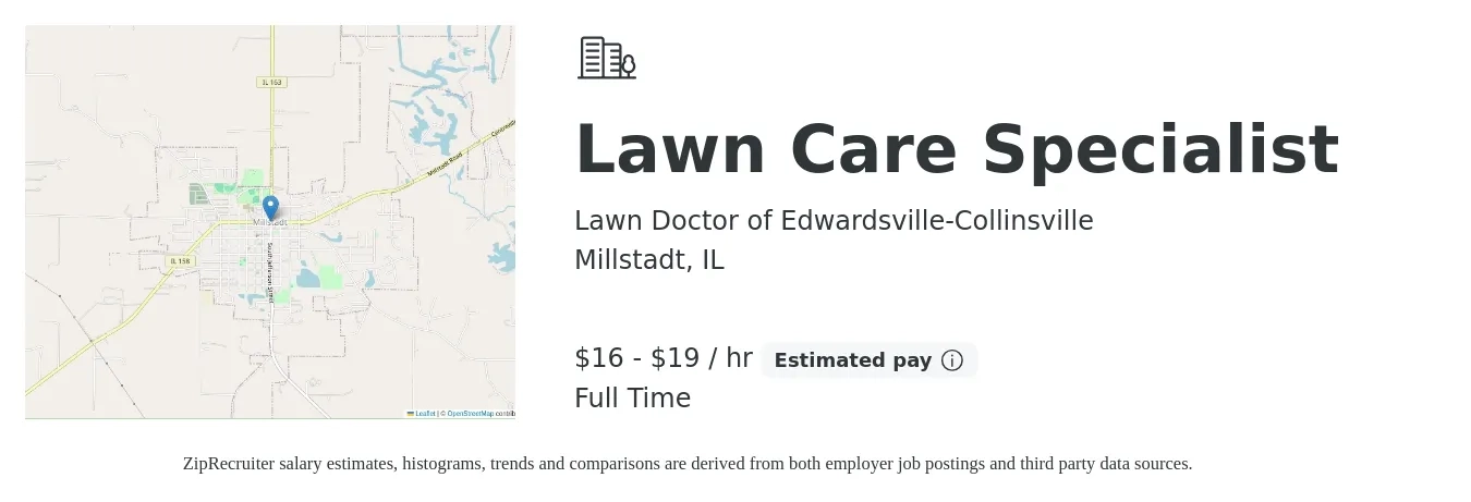 Lawn Doctor of Edwardsville-Collinsville job posting for a Lawn Care Specialist in Millstadt, IL with a salary of $18 to $20 Hourly with a map of Millstadt location.