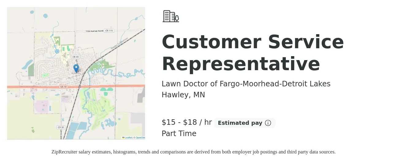 Lawn Doctor of Fargo-Moorhead-Detroit Lakes job posting for a Customer Service Representative in Hawley, MN with a salary of $16 to $19 Hourly with a map of Hawley location.