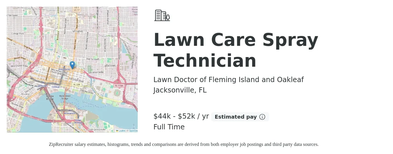 Lawn Doctor of Fleming Island and Oakleaf job posting for a Lawn Care Spray Technician in Jacksonville, FL with a salary of $44,200 to $52,000 Yearly with a map of Jacksonville location.