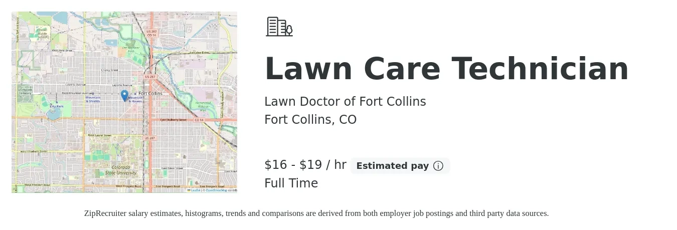 Lawn Doctor of Fort Collins job posting for a Lawn Care Technician in Fort Collins, CO with a salary of $17 to $20 Hourly with a map of Fort Collins location.