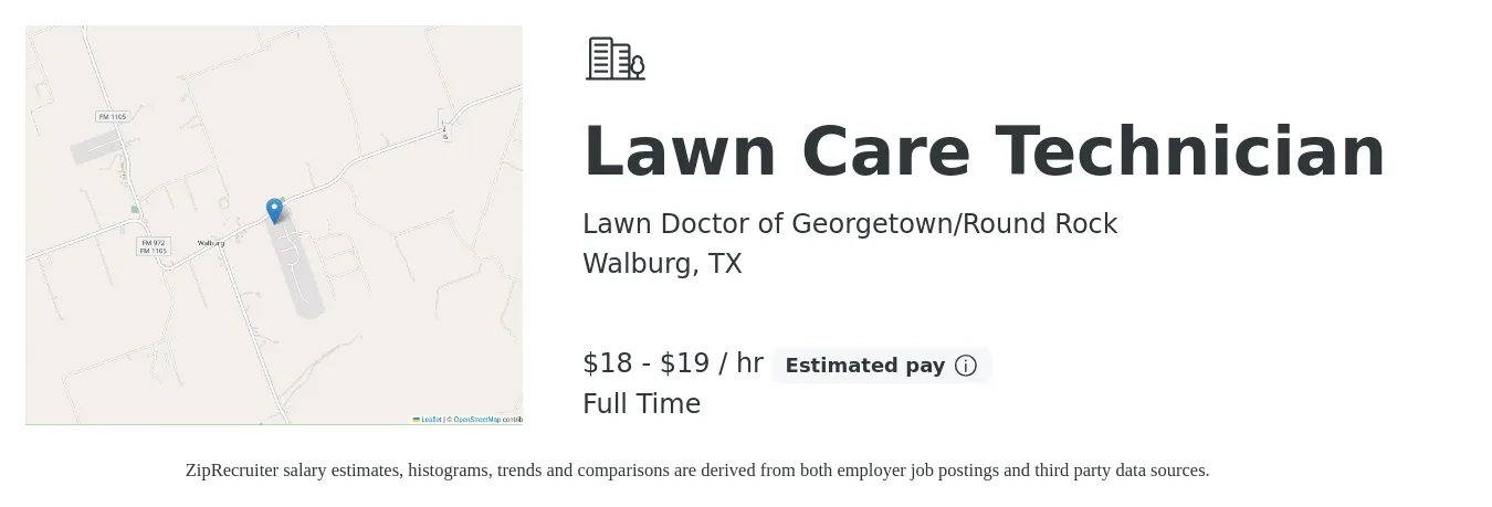 Lawn Doctor of Georgetown/Round Rock job posting for a Lawn Care Technician in Walburg, TX with a salary of $19 to $20 Hourly with a map of Walburg location.
