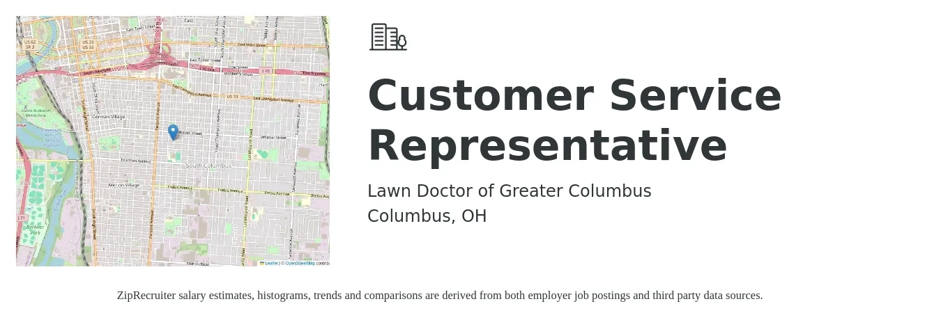 Lawn Doctor of Greater Columbus job posting for a Customer Service Representative in Columbus, OH with a salary of $20 to $24 Hourly with a map of Columbus location.
