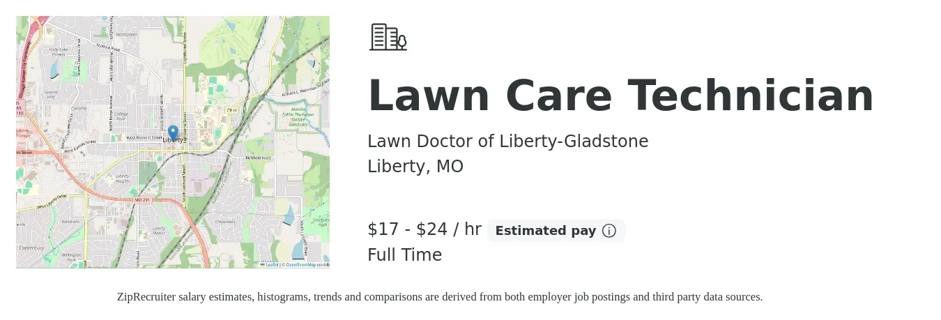 Lawn Doctor of Liberty-Gladstone job posting for a Lawn Care Technician in Liberty, MO with a salary of $18 to $25 Hourly with a map of Liberty location.