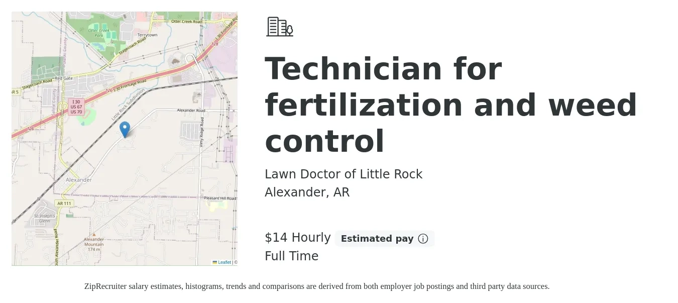 Lawn Doctor of Little Rock job posting for a Technician for fertilization and weed control in Alexander, AR with a salary of $15 Hourly with a map of Alexander location.
