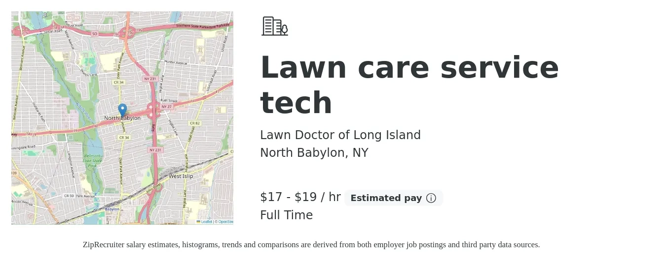 Lawn Doctor of Long Island job posting for a Lawn care service tech in North Babylon, NY with a salary of $18 to $20 Hourly with a map of North Babylon location.