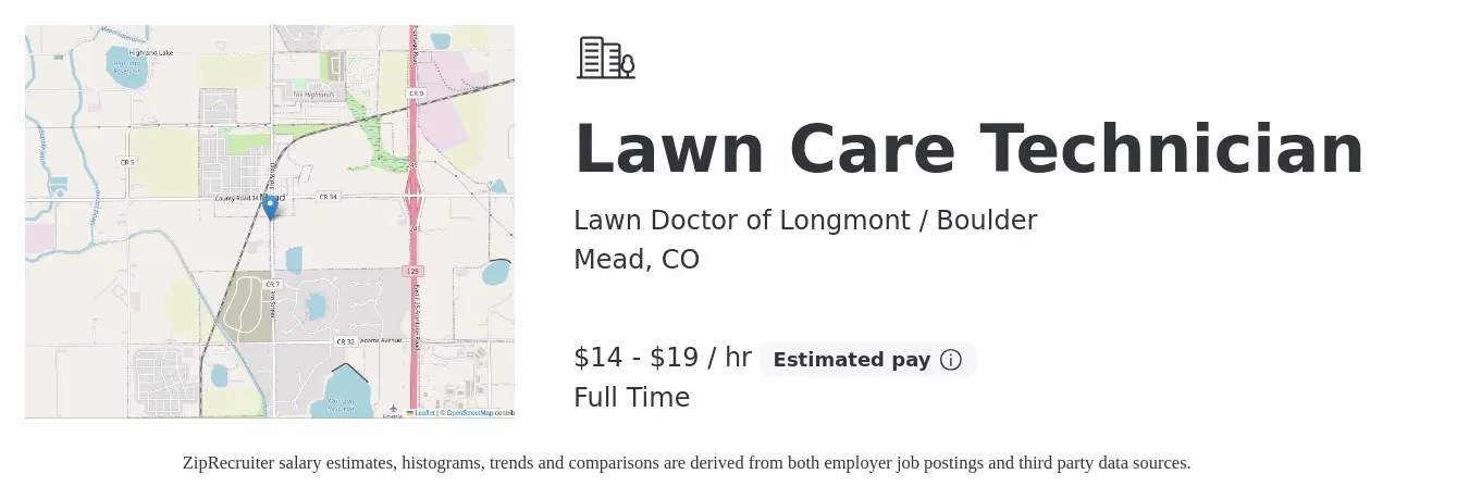 Lawn Doctor of Longmont / Boulder job posting for a Lawn Care Technician in Mead, CO with a salary of $15 to $20 Hourly with a map of Mead location.