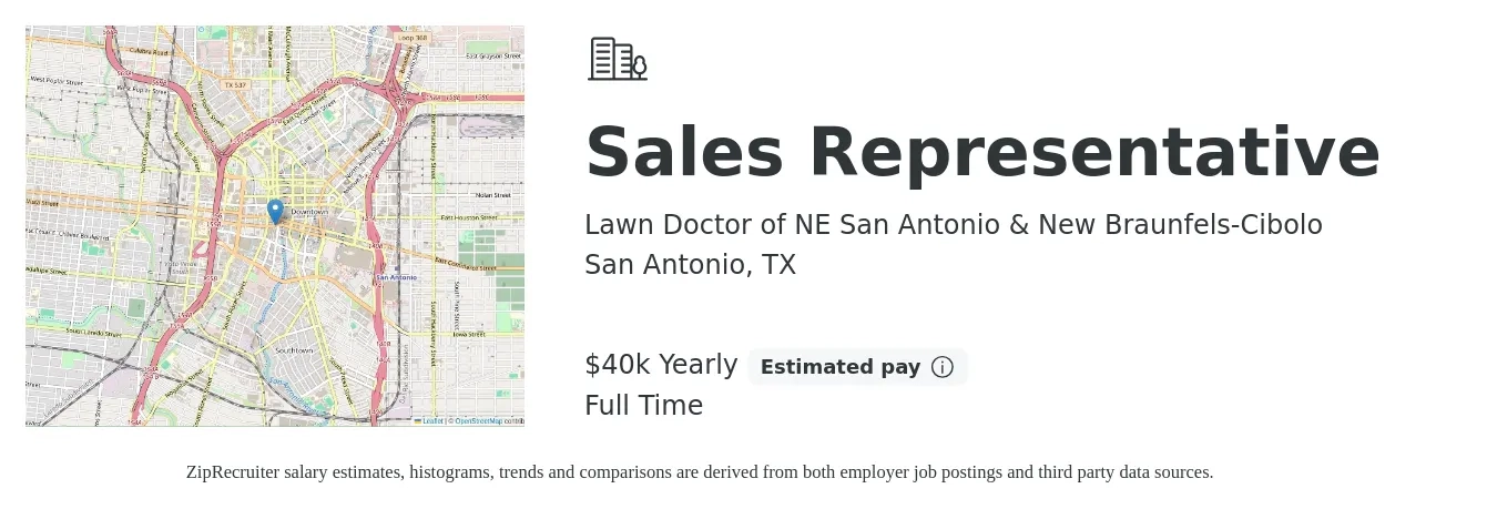 Lawn Doctor of NE San Antonio & New Braunfels-Cibolo job posting for a Sales Representative in San Antonio, TX with a salary of $40,000 Yearly with a map of San Antonio location.