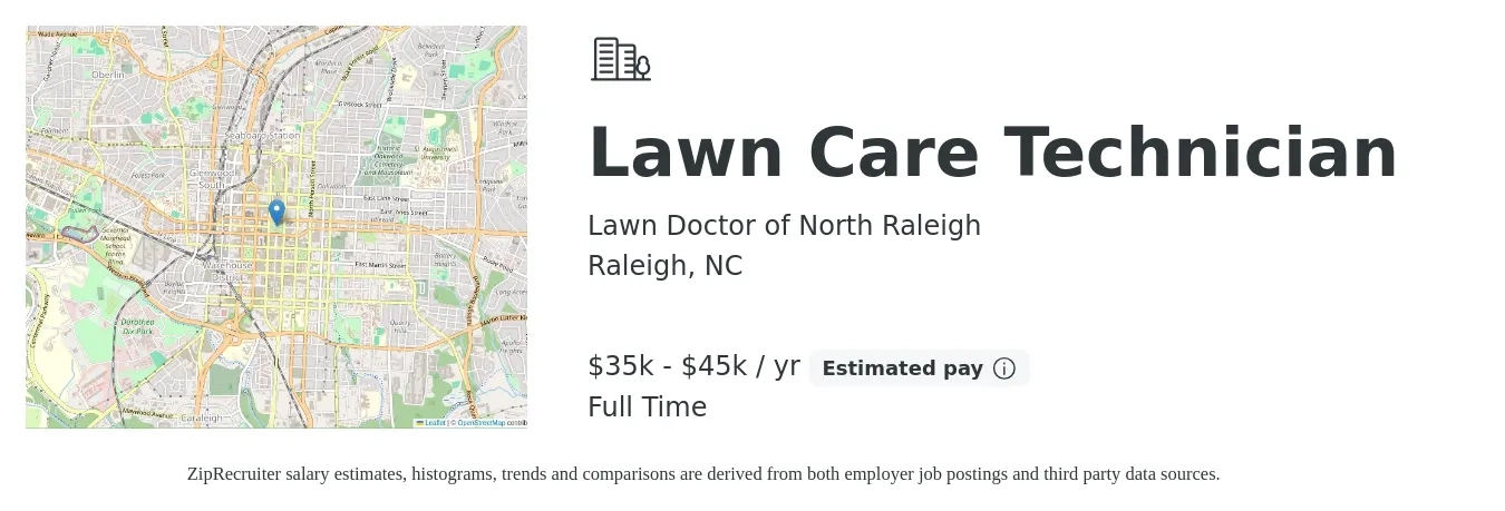 Lawn Doctor of North Raleigh job posting for a Lawn Care Technician in Raleigh, NC with a salary of $35,000 to $45,000 Yearly with a map of Raleigh location.